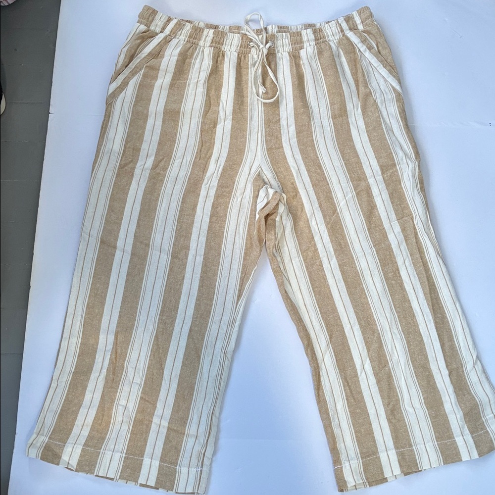 Briggs New York Tan and White Wide Leg Striped Pants Pockets Linen Blend 16W